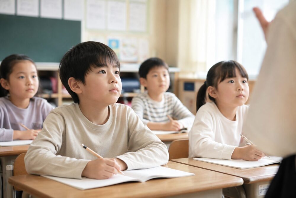 教室で先生の話を聞こうとしている小学生たち
