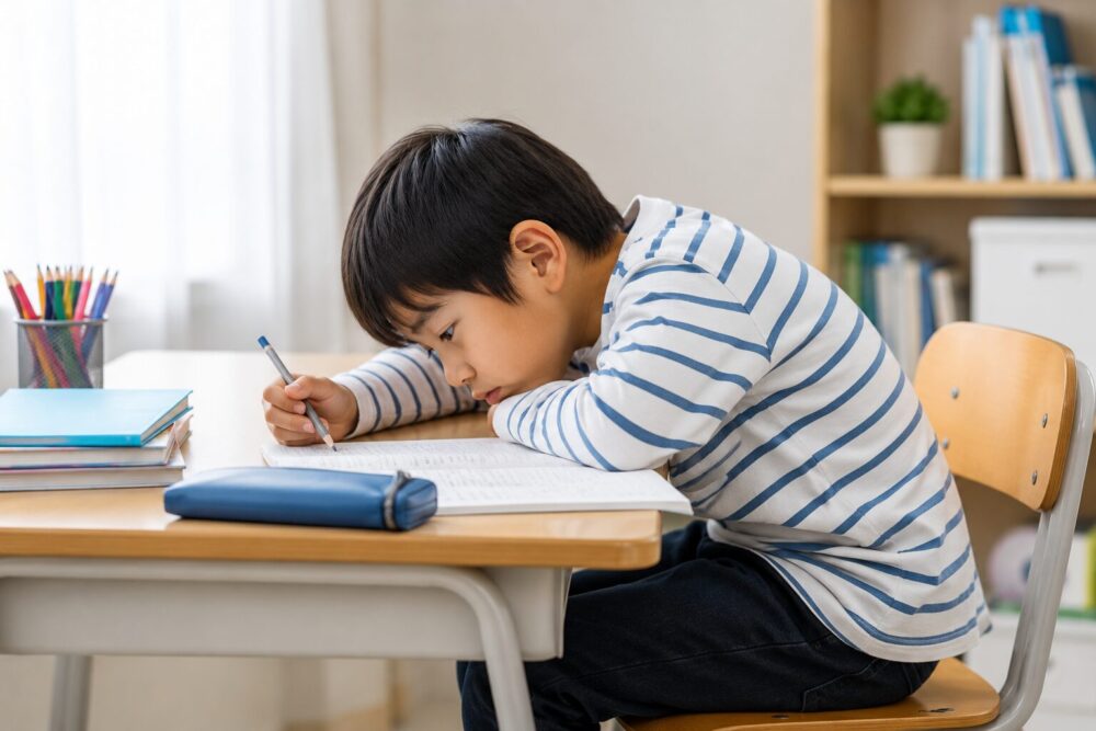 机に向かっているうちに姿勢が崩れてしまう小学生